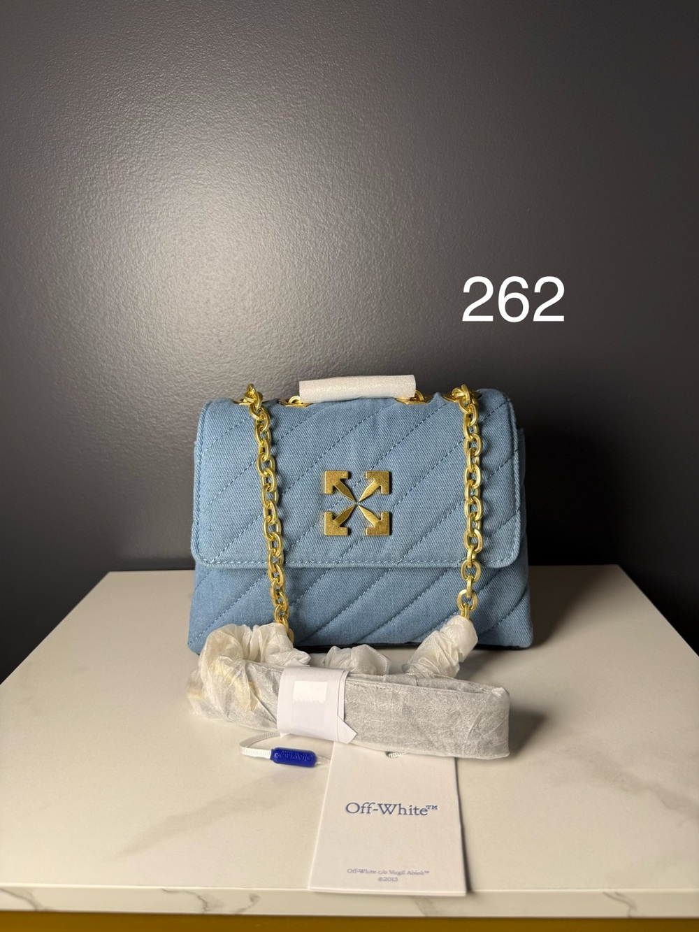 Off-White Light Blue Quilted Chain Shoulder Bag with Gold Hardware